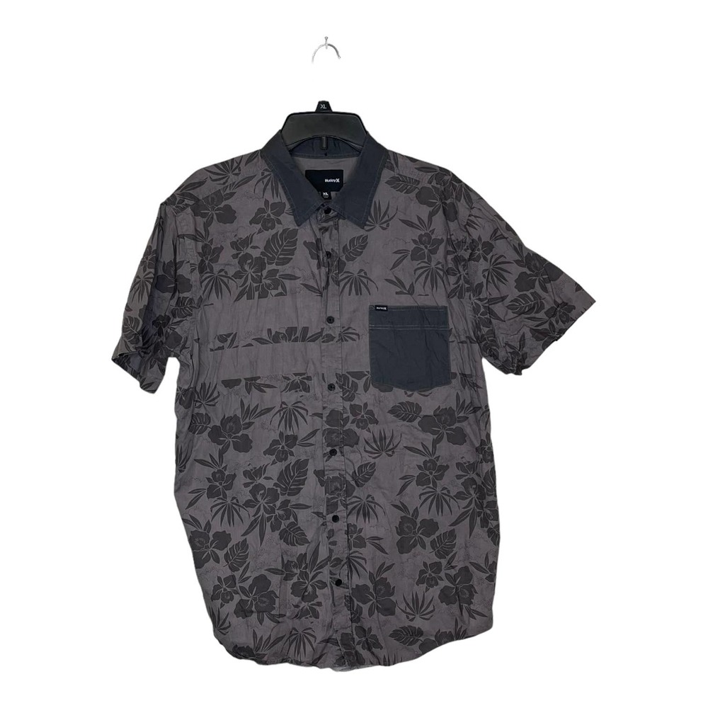 Hurley Floral Pocket Button‎ Down Shirt Men's  XL Short Sleeve Gray 100% Cotton